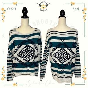 Natural Reflections Women's Large Colorful Geometric Boho Knit Pullover Sweater
